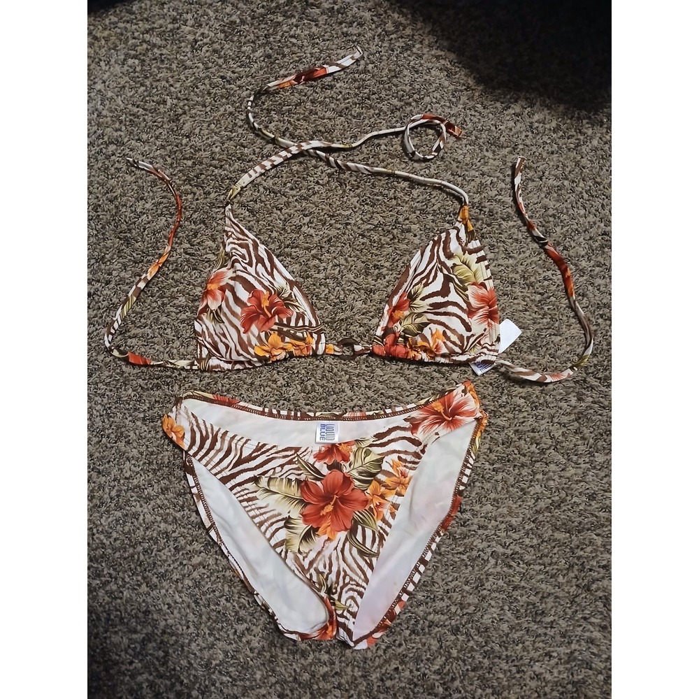 Liquid Blue Womens 2 Piece Swimsuit Bikini Size Large Brown White Striped